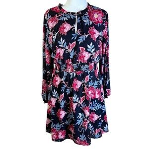 LOFT Black Floral Long-Sleeve Smocked-Waist Dress Size 12
